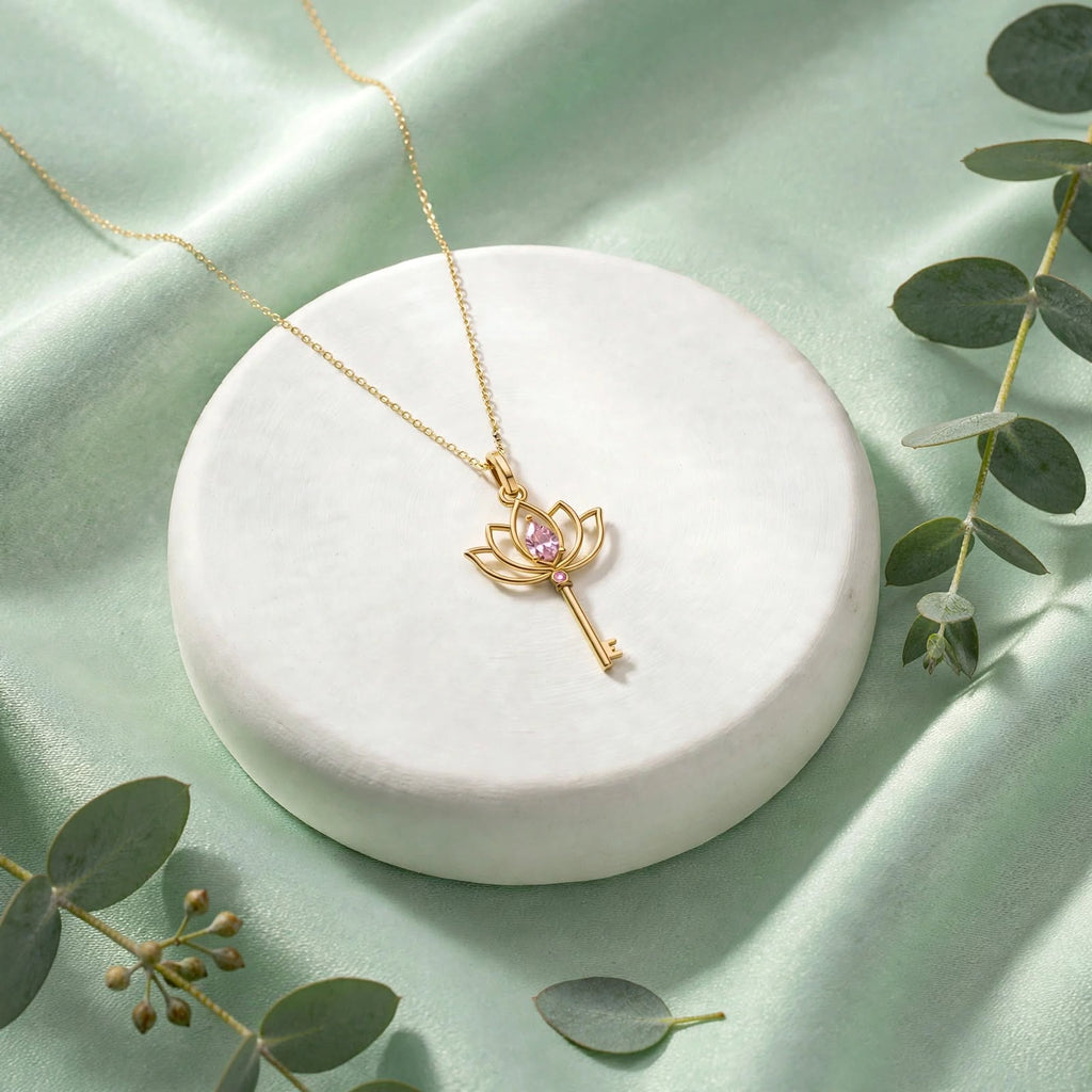 Lotus Anahtar Kolye | Fable Serisi | Altın Kaplama 925 Gümüş | Pembe Zirkon | Mihu Jewelry