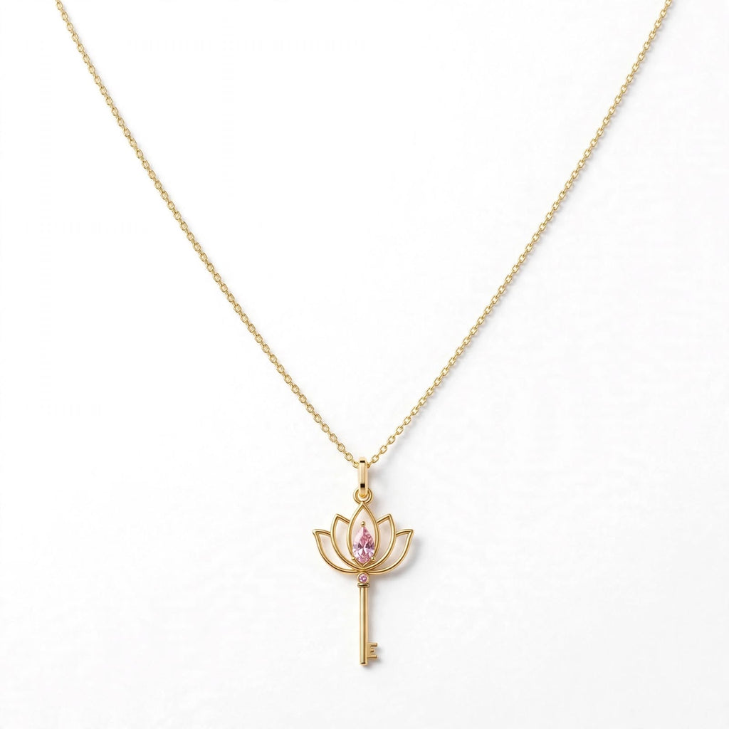 Lotus Anahtar Kolye | Fable Serisi | Altın Kaplama 925 Gümüş | Pembe Zirkon | Mihu Jewelry