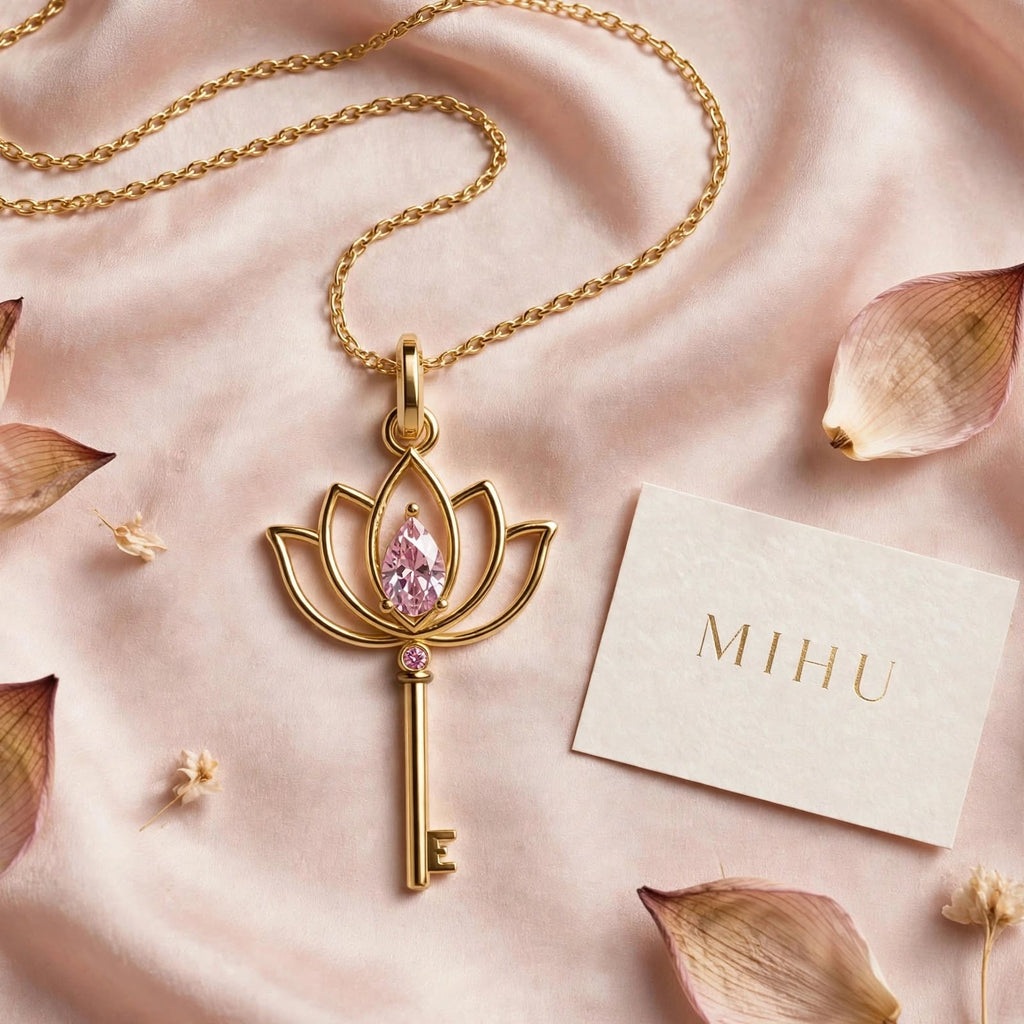 Lotus Anahtar Kolye | Fable Serisi | Altın Kaplama 925 Gümüş | Pembe Zirkon | Mihu Jewelry