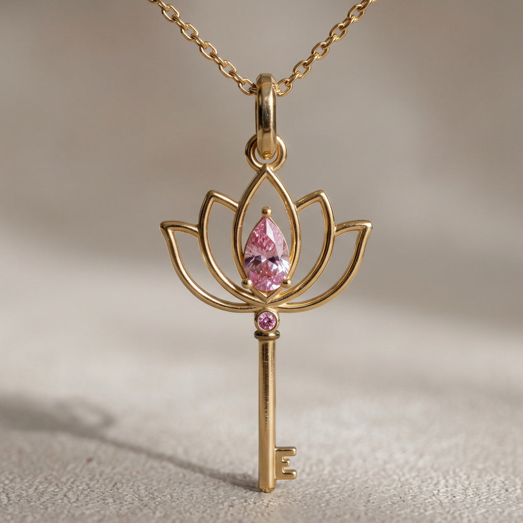 Lotus Anahtar Kolye | Fable Serisi | Altın Kaplama 925 Gümüş | Pembe Zirkon | Mihu Jewelry