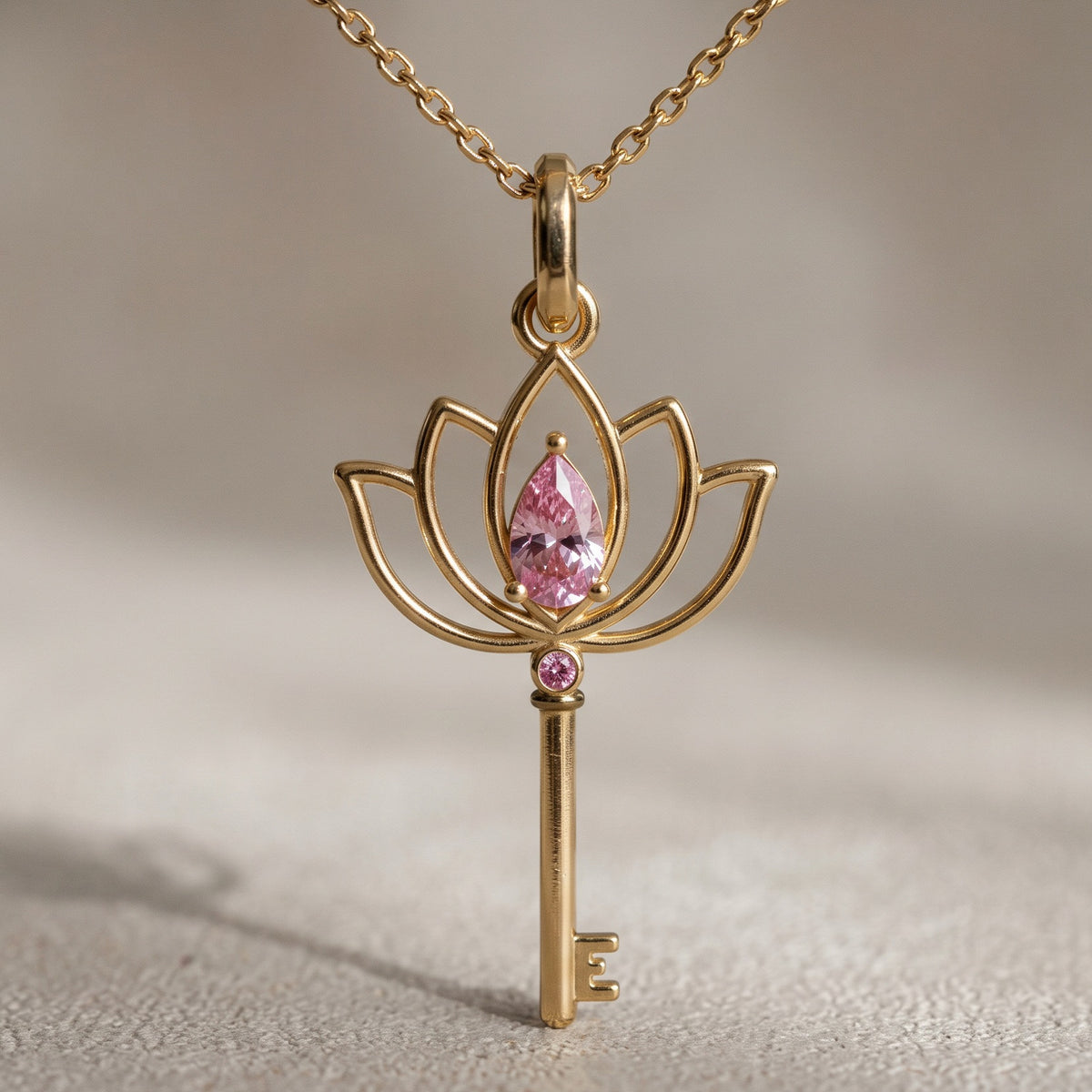 Lotus Anahtar Kolye | Fable Serisi | Altın Kaplama 925 Gümüş | Pembe Zirkon | Mihu Jewelry